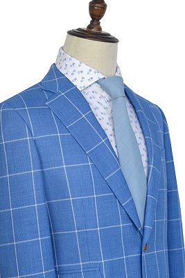 Modern Notch Lapel Two Button Blue Mens Suits | Three Flap Pockets Check Pattern Leisure Suits_2
