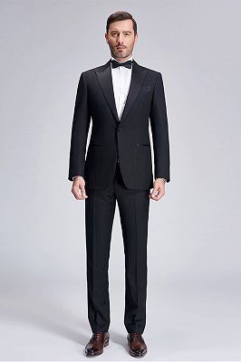 Popular Silk Peak Lapel Black Mens Suits for Wedding | One Button Stripes Wedding Tuxedo