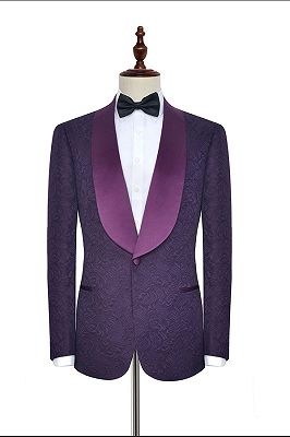 Luxury Dark Purple One Button Wedding Tuxedos | Silk Shawl Lapel Jacquard Prom Suits_3