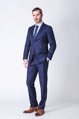 Stripes Single Two Buttons Navy Blue Mens Suits for Formal_2