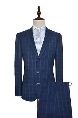 Check Pattern Blue Suits for Men | Notch Lapel Flap Pocket Plaid Mens Suits for Business