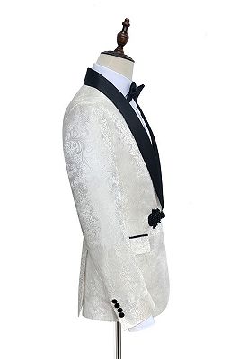 Stylish Knitted Button Black Shawl Lapel Three Piece White Jacquard Wedding Tuxedo for Men