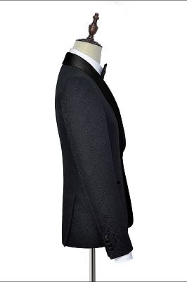 Classic Black Jacquard Wedding Tuxedo for Men | Shawl Lapel Silk One Button Wedding Suits_4