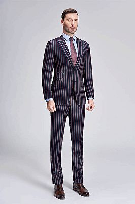 Modern Stripes Dark Navy Mens Suits | Peak Lapel Three Flap Pockets Suits for Men_2