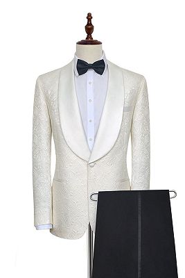 Popular Jacquard White Tuxedos for Wedding | Silk Shawl Lapel One Button Wedding Suit for Men_2