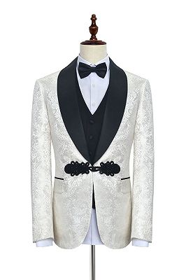 Stylish Knitted Button Black Shawl Lapel Three Piece White Jacquard Wedding Tuxedo for Men