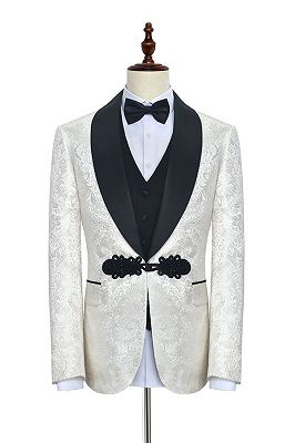 Stylish Knitted Button Black Shawl Lapel Three Piece White Jacquard Wedding Tuxedo for Men_1