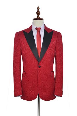 Bright Red Jacquard Peak Lapel with Black Silk Unique Mens Suits