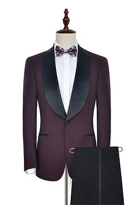 Luxury Black Shawl Collor One Button Burgundy Wedding Suits for Men_1