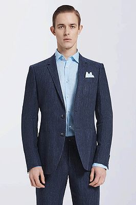 Modern Dark Navy Mens Casual Suits | Stripes Patch Pockets Daily Men's Suits_2