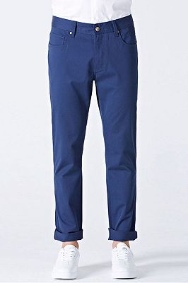Modern Curl-Up Blue Cotton Solid Mens Ninth Pants for Leisure Suits