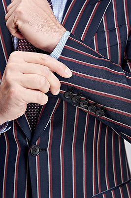 Modern Stripes Dark Navy Mens Suits | Peak Lapel Three Flap Pockets Suits for Men_7
