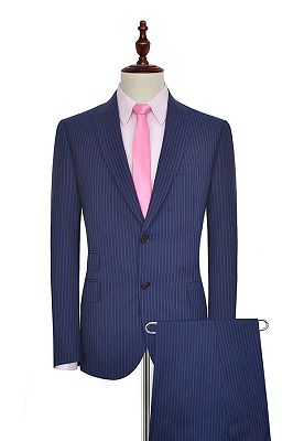 Vertical Stripes Peak Lapel Mens Suits for Business | Two Buttons Navy Blue Suits for Men_1