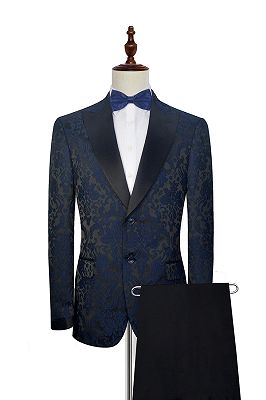 Dark Navy Jacquard Prom Suits | Black Silk Peak Lapel Mens Suits for Weddings