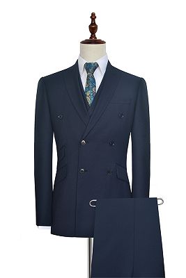 Peak Lapel Double Breasted Business Mens Suits for Formal | Three Piece Dark Navy Suits for Men