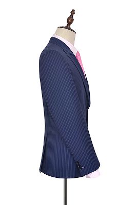 Vertical Stripes Peak Lapel Mens Suits for Business | Two Buttons Navy Blue Suits for Men_5