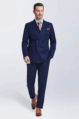 Navy Blue Double Breasted Peak Lapel Slim Fit Mens Suits_1
