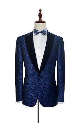 Blue Floral Patter Tuxedos for Wedding | Black Velvet Peak Collar Prom Suits_3