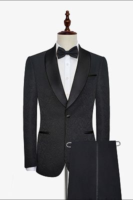 Classic Black Jacquard Wedding Tuxedo for Men | Shawl Lapel Silk One Button Wedding Suits_1