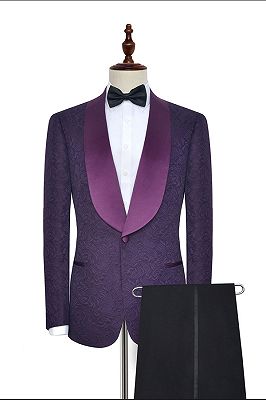 Luxury Dark Purple One Button Wedding Tuxedos | Silk Shawl Lapel Jacquard Prom Suits_1