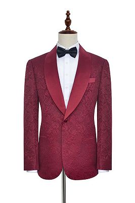 Luxury Burgundy Jacquard One Button Silk Shawl Lapel Mens Suits for Wedding and Prom_1