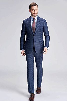 Small Checked Pattern Gentle Mens Suits | Peak Lapel Blue Suits for Men_1