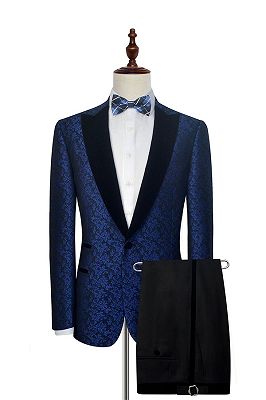 Blue Floral Patter Tuxedos for Wedding | Black Velvet Peak Collar Prom Suits_1