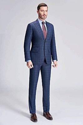 Small Checked Pattern Gentle Mens Suits | Peak Lapel Blue Suits for Men_4
