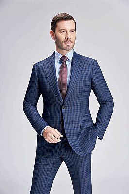 Small Checked Pattern Gentle Mens Suits | Peak Lapel Blue Suits for Men_6