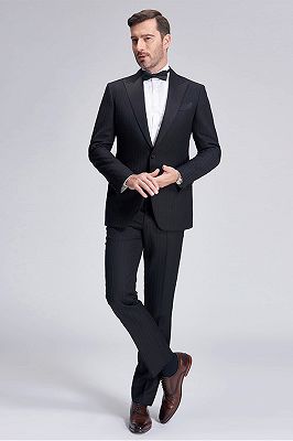 Popular Silk Peak Lapel Black Mens Suits for Wedding | One Button Stripes Wedding Tuxedo_2