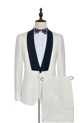 Black Knife Collar Classic White Wedding Suits for Men | One Button Wedding Tuxedos_1
