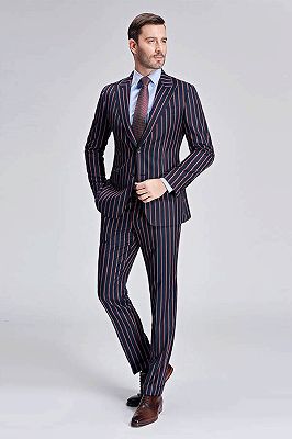 Modern Stripes Dark Navy Mens Suits | Peak Lapel Three Flap Pockets Suits for Men_3
