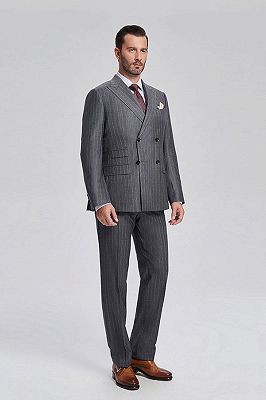 Classic Peak Lapel Double Breasted Light Stripes Dark Grey Mens Suits for Business_2