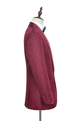 Luxury Burgundy Jacquard One Button Silk Shawl Lapel Mens Suits for Wedding and Prom_4