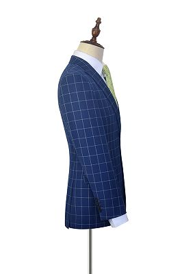 Flap Pocket Peak Lapel Grey Checked Navy Blue Mens Suits_4