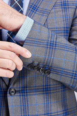 Premium Blue Plaid Grey Mens Suits | Notch Lapel Two Button Suits for Men_9