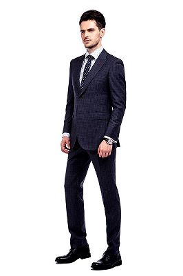 Peak Lapel Small Checked Dark Grey Suits For Men_2