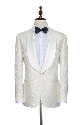 Popular Jacquard White Tuxedos for Wedding | Silk Shawl Lapel One Button Wedding Suit for Men_1