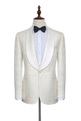 Popular Jacquard White Tuxedos for Wedding | Silk Shawl Lapel One Button Wedding Suit for Men