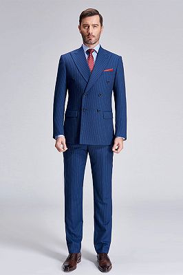 Peak Lapel Blue Mens Suits for Business | Stripes Double Breasted Mens Suits_1