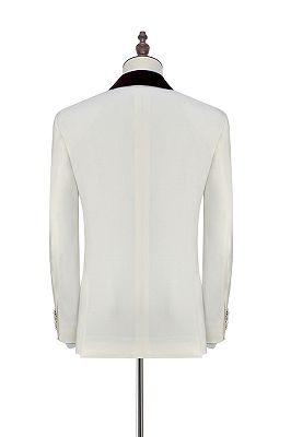 Velvet Shawl Collar White Wedding Tuxedos | Three Piece Wedding Suits with Burgundy Vest_3