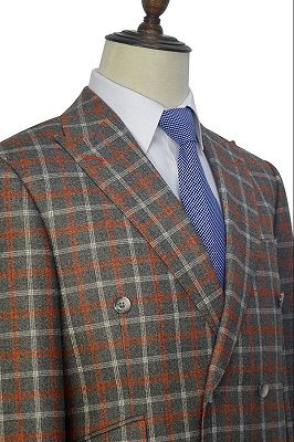 Orange Grey Checked Double Breasted Mens Suits | Peak Lapel Leisure Suits_3