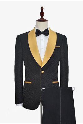 Gold Shawl Lapel One Button Wedding Tuxedo | Black Jacquard Prom Suits