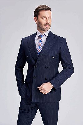 Superior Peak Lapel Double Breasted Mens Suits | Pinstripe Dark Navy Suits for Men Formal_8