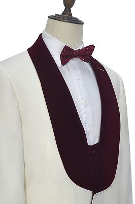 Velvet Shawl Collar White Wedding Tuxedos | Three Piece Wedding Suits with Burgundy Vest_6