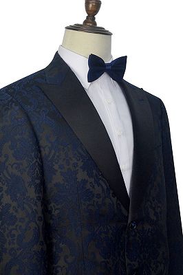 Dark Navy Jacquard Prom Suits | Black Silk Peak Lapel Mens Suits for Weddings_4