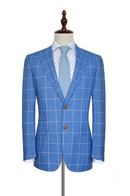 Modern Notch Lapel Two Button Blue Mens Suits | Three Flap Pockets Check Pattern Leisure Suits_1