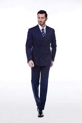 Noble Peak Lapel Dark Navy Mens Suits | Stripes Double Breasted Suits for Men_1