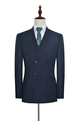 Peak Lapel Double Breasted Business Mens Suits for Formal | Three Piece Dark Navy Suits for Men_3