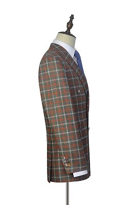 Orange Grey Checked Double Breasted Mens Suits | Peak Lapel Leisure Suits_4